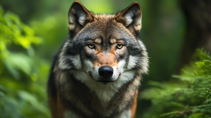 A wolf stares intently at the camera from a lush green forest.
