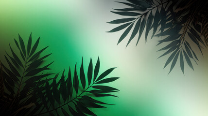 Obraz premium Silhouetted palm leaves against a gradient background in shades of green and cream, creating a serene and tropical atmosphere.