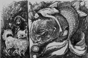 Abstract pencil illustration with dark fantasy themes, featuring mysterious fairies, strange creatures, a dog, and a fish. Perfect for gothic covers or backgrounds