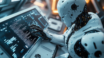 A humanoid robot is working on a computer, in a futuristic style with a white color tone