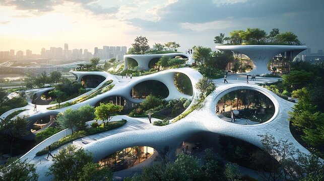 A futuristic urban park with lush vertical gardens winding walking paths and cutting edge eco friendly architecture showcasing a vision for sustainable and innovative urban living