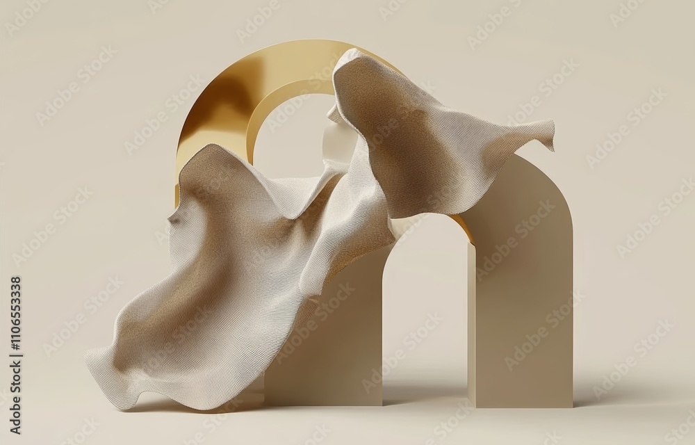 Poster Surreal Abstract Figure with Flowing Fabric on Minimal Beige Background for Nature Product Display