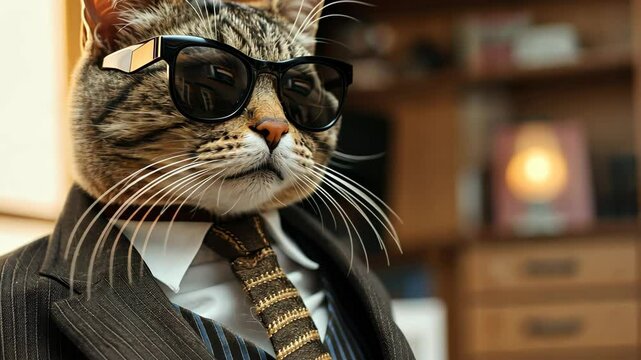Suave cat dons sunglasses and a sharp suit with a tie, exuding sophistication, Ai Generated.
