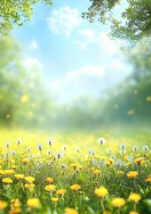 Fototapeta premium Lush Vibrant Meadow with Tall Green Grass Yellow Dandelions Under Blue Sky and Warm Sunlight