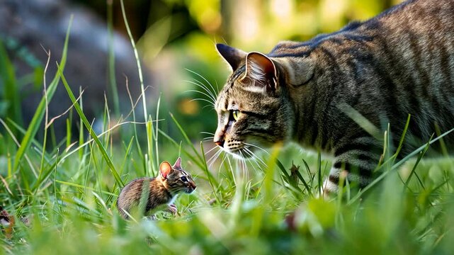 Cat chases a little mouse in tall grass outside, a classic garden scene, Ai Generated.