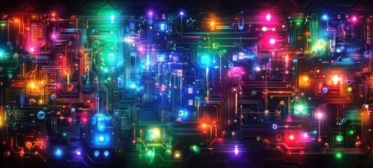 Obraz premium Neon Circuitry: A vibrant digital artwork showcasing interconnected glowing nodes and pathways, representing the complexity and beauty of technology.