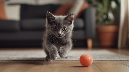 Adorable and playful Russian Blue kitten chasing a small ball across the hardwood floor of a modern minimalist living room with clean bright interior decor