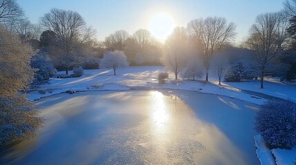 Winter Sunrise Over Snowy Landscape and Tranquil Pond