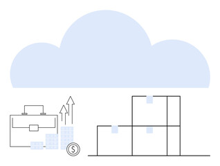 Large blue cloud above stacked boxes, briefcase with rising arrow graphs, and currency symbol. Ideal for cloud computing, business growth, logistics, storage solutions, financial analysis, data
