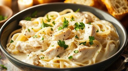 A bowl of creamy chicken alfredo pasta garnished with parsley and grated Parmesan cheese, Pasta in bowl, Soft candlelight creating an intimate dining atmosphere