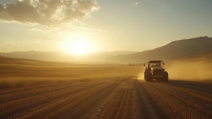 Tractor Plowing Field at Sunset with Dust and Golden Horizon