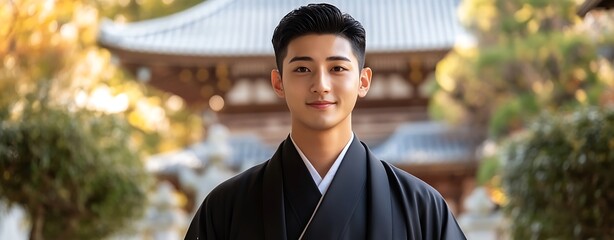 Japan Coming of Age Day, Young Man in Traditional Japanese Attire Portrait