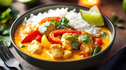 A bowl of creamy coconut curry served with tender chicken, bell peppers, and jasmine rice