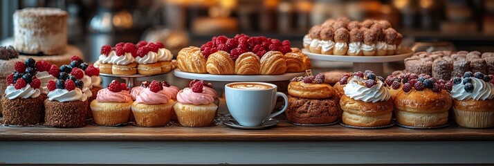 charming bakery display featuring a variety of delicious pastries alongside a frothy cup of cappuccino bathed in warm soft lighting creating a cozy and inviting ambiance