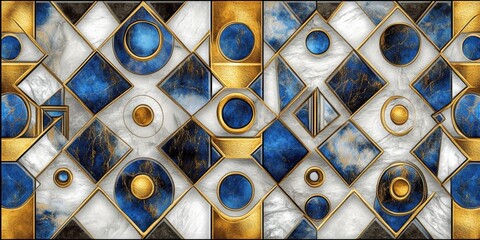 Fototapeta premium Geometric Pattern Background with Marble Texture in Gold Blue and White Colors Repeating Design Art Deco Wallpaper