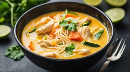 A bowl of creamy coconut curry soup filled with chicken, vegetables, and rice noodles