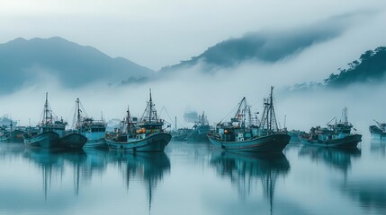 Naklejka premium A small fleet of traditional fishing boats anchored in a harbor, soft morning haze