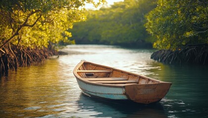 Obraz premium A small wooden boat used for trolling near a mangrove forest, soft light filtering through the trees