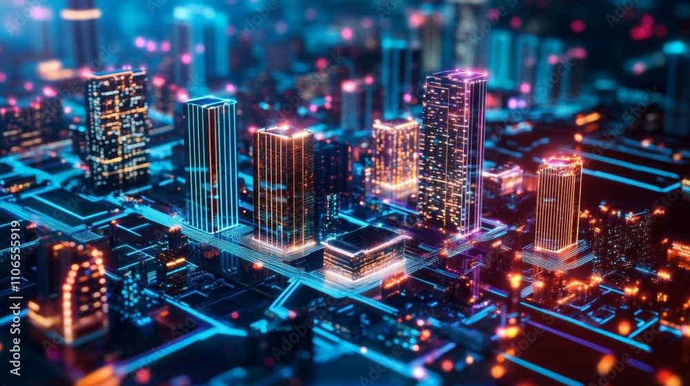 Poster a stunning view of a digitally rendered urban skyline showcases modern buildings illuminated with ne