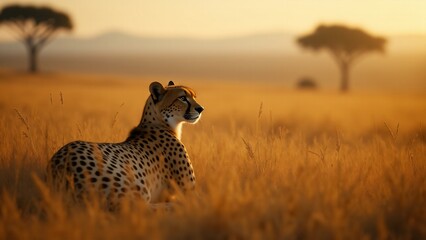 Naklejka premium A peaceful yet watchful image of a cheetah resting, highlighting its natural grace and readiness in the wild.
