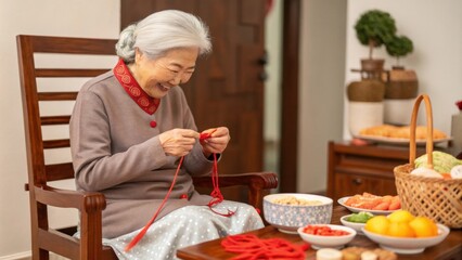 Surrounded by the aroma of festive foods a grandmother with silvery hair sits on a wooden chair her eyes ling with joy. As she carefully knots vibrant red threads onto the little