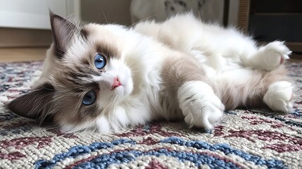 Adorable Ragdoll kitten curled up on a soft cozy rug its bright blue eyes looking curiously at the This playful feline pet makes a charming addition to any home decor or nursery setting