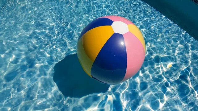 A yellow and blue beach ball is floating in a pool