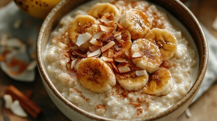 A bowl of creamy coconut rice pudding topped with caramelized bananas and toasted coconut flakes, Coconut rice pudding bowl centered, Soft diffused lighting accentuating its creamy texture