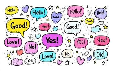 Colorful Hand Drawn Speech Bubbles with Expressions and Phrases for Communication