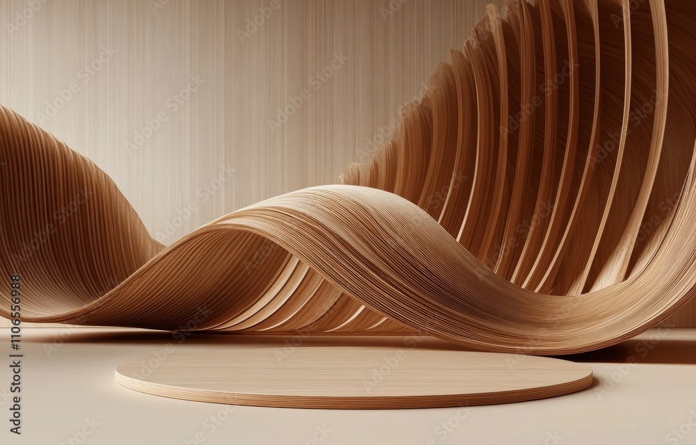 Poster abstract wooden sculptures with curved shapes and polished surfaces in minimalist style