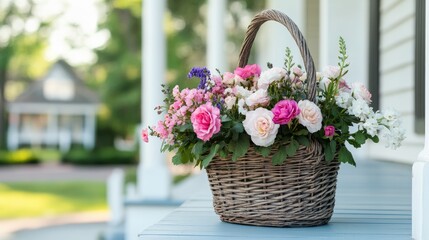 Beautiful Flower Basket Arranged on Wooden Table in Sunny Setting