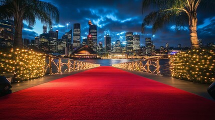 A red carpet leads to a city skyline at night, with palm trees on the side.