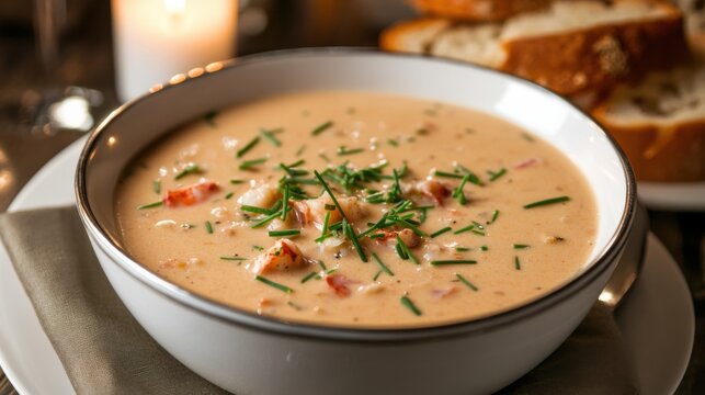 A bowl of creamy lobster bisque garnished with chives, Bisque in bowl, Soft candlelight creating an intimate dining atmosphere