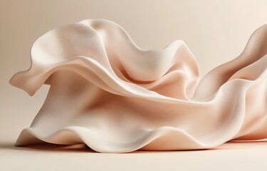 Luxury Display Podium with Floating Silk Curtain on Beige Background for Beauty Product Presentation