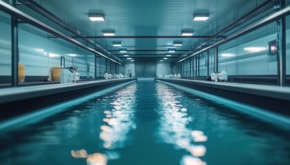 Fototapeta premium Hightech aquaculture facility with automated monitoring systems, clean design, natural lighting