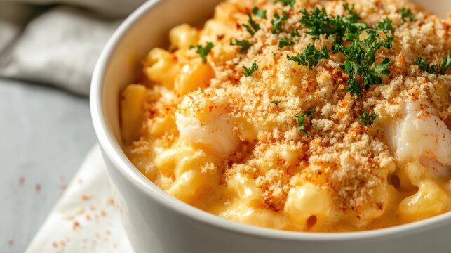 A bowl of creamy lobster macaroni and cheese topped with breadcrumbs and fresh parsley, Macaroni and cheese centered, Soft diffused lighting enhancing its cheesy goodness