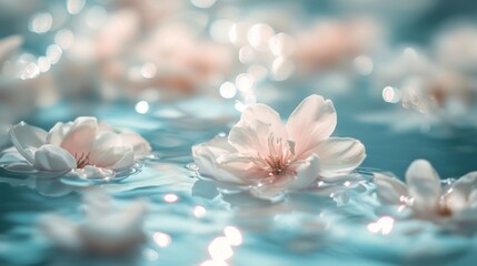 A group of white flowers floating in a body of water. The water is blue and the flowers are scattered throughout the water