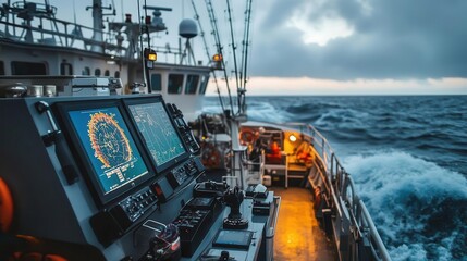 Fototapeta premium Industrial fishing boat equipped with radar and navigation systems, dynamic ocean waves