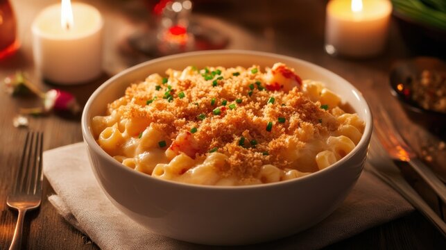 A bowl of creamy lobster macaroni and cheese topped with breadcrumbs, Mac and cheese in bowl, Soft candlelight creating an intimate dining atmosphere