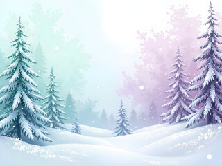 Obraz premium Serene winter landscape with snow covered pines and soft pastel hues, digital painting of landscape concept.
