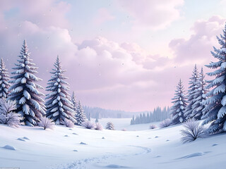 Fototapeta premium Serene winter landscape with snow covered pines and gentle sky at dusk, digital art of nature concept.