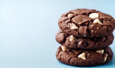 Fototapeta premium Three chocolate chip cookies stacked on top of each other
