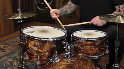 Obraz premium Drummer Playing Acoustic Drum Set with Sticks in a Studio Setting