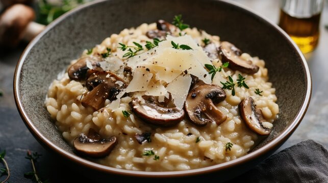 A bowl of creamy mushroom risotto garnished with shaved Parmesan cheese and fresh thyme leaves, Mushroom risotto bowl centered, Soft diffused lighting accentuating its creamy texture