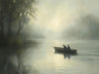 Morning mist over a river with handline fishers working silently, ethereal natural tones