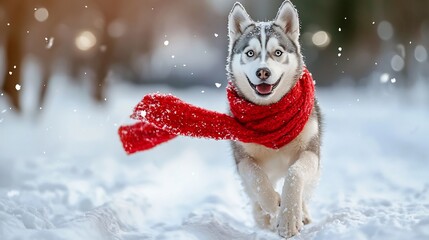 Energetic Siberian Husky Dog Running at Full Speed Through a Snowy Wilderness Landscape Festive Red Scarf Trailing Behind
