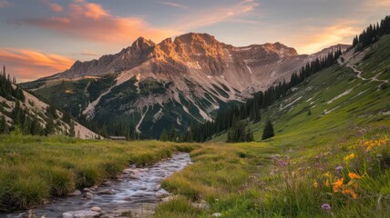 Fototapeta premium Mountain landscape with warm sunset colors and a stream in the valley