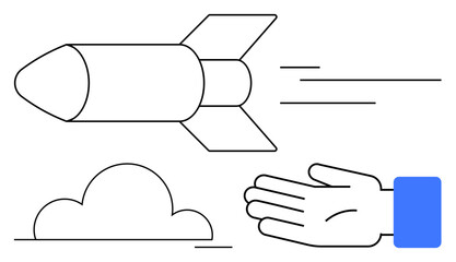 Hand gesturing toward flying rocket above cloud symbolizes speed, ambition, and innovation. Ideal for themes on progress, technology, leadership, future, dreams success. Line metaphor