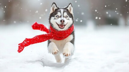 Energetic Siberian Husky running through a snowy winter landscape with a bright red festive scarf trailing behind as it dashes through the cold powdery snow and evergreen dotted forest