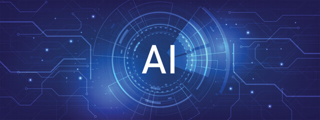 Futuristic digital   artificial intelligence(AI) technology on a dark blue background. AI(Artificial Intelligence) wording with the Circuit board design on dark blue background.Vector illustration.